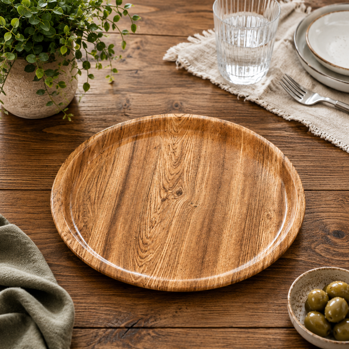 PLASTIKTELLER MIT HOLZDESIGN