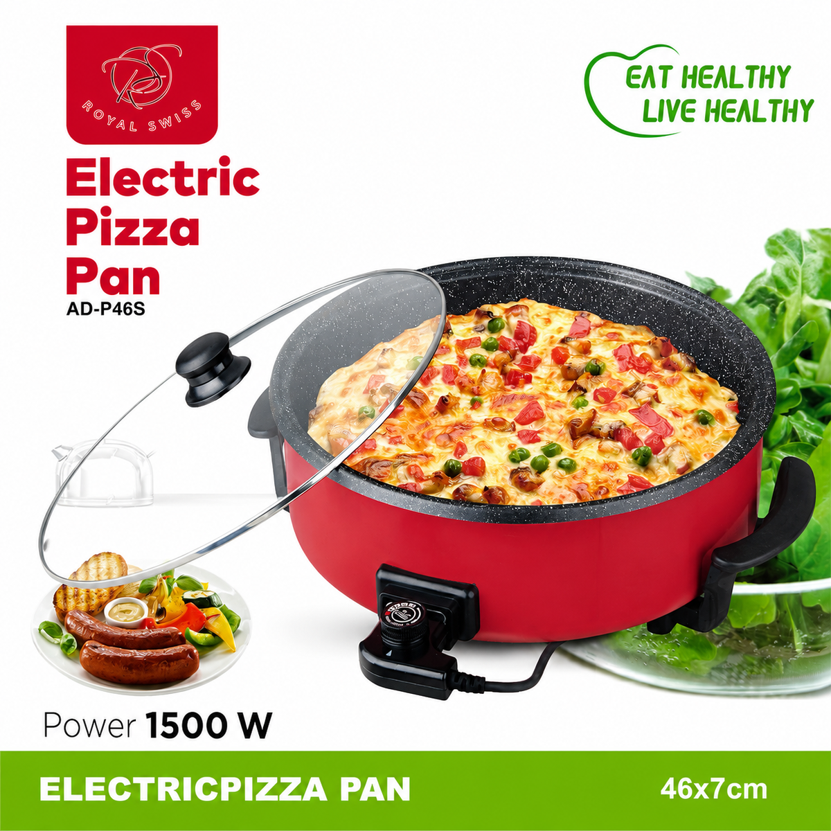 ROYAL SWISS Elektrischer Pizzaofen / Multifunktionspfanne mit Thermostat 1500W