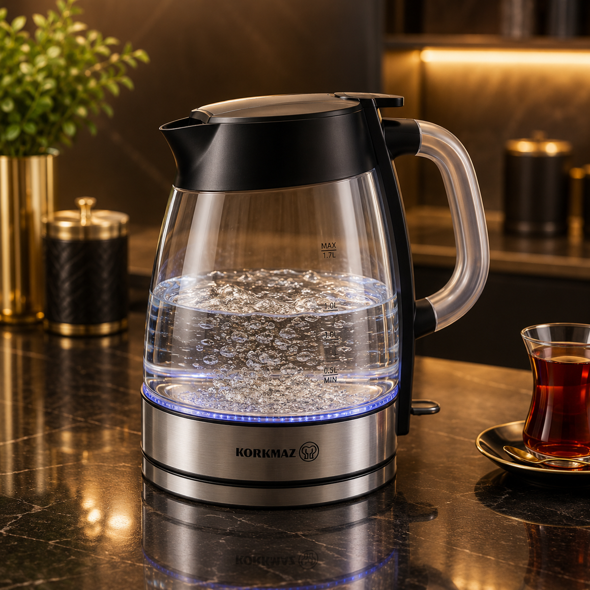 KORKMAZ RETRO Led Glas Wasserkocher 1,7 L 1850-2200W
