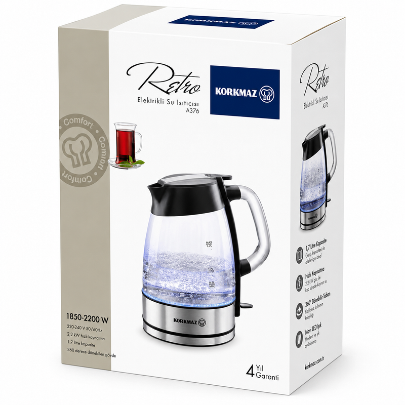 KORKMAZ RETRO Led Glas Wasserkocher 1,7 L 1850-2200W